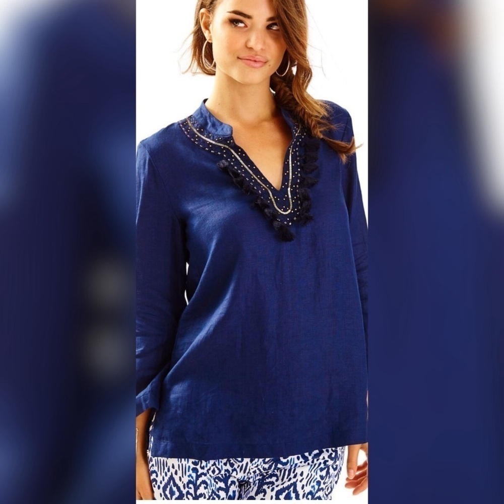 Lilly Pulitzer Amelia Island Navy Linen Tunic Size Small